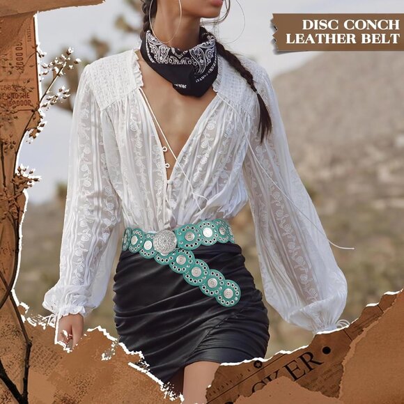 Women Vintage Disc Waist Concho Leather Belt Boho Waist Belt Green Silver Buckle - Picture 4 of 7